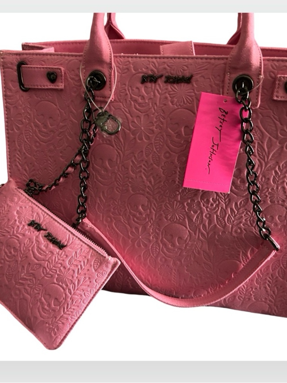 BETSEY JOHNSON XL PINK SUGAR SKULL & FLOWERS DOUBLE HANDLE/CHAIN STRAPS NWT - Picture 7 of 12
